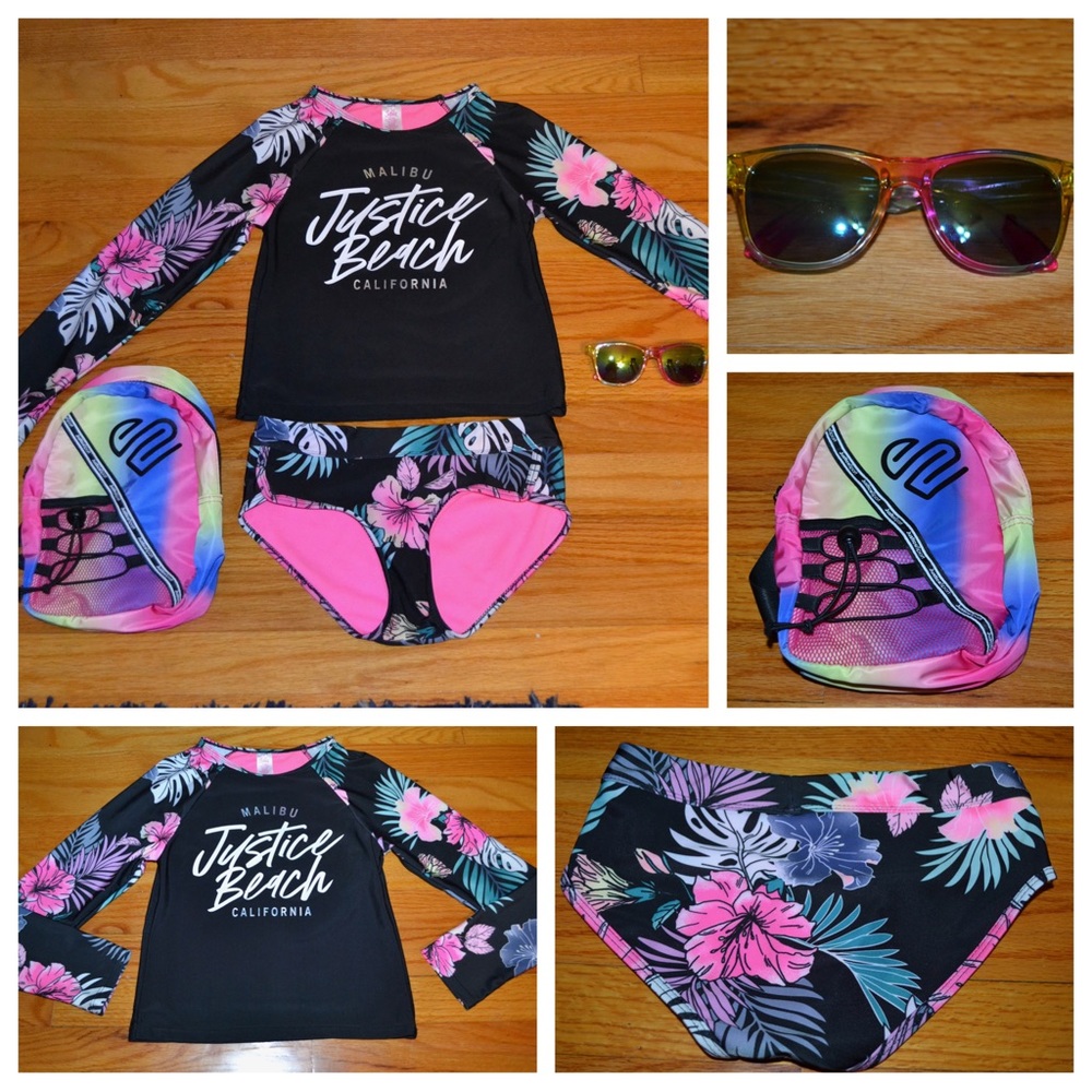 Youth girls Justice swimsuit, size M 10; shoulder bag and sunglasses